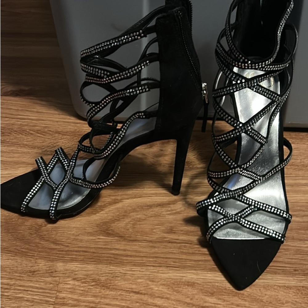 Jennifer Lopez Black Strappy Heels with Rhinestones